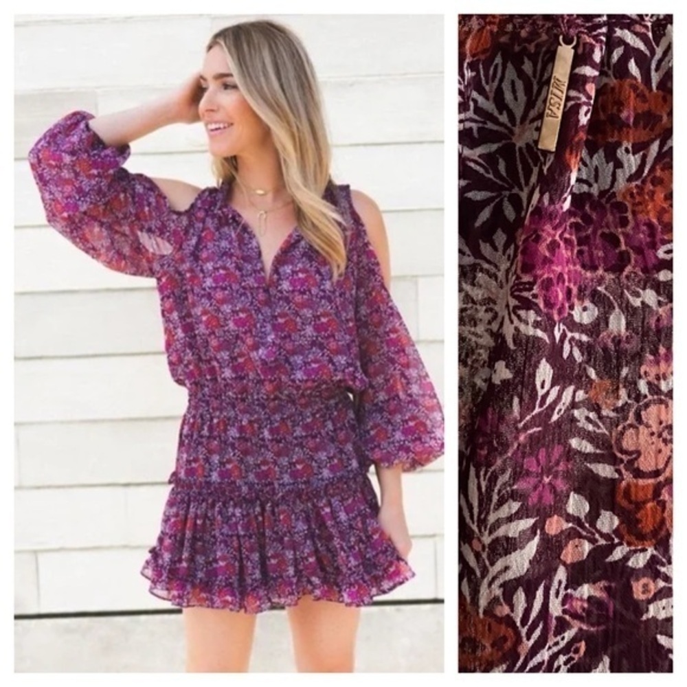 Misa Los Angeles Purple Floral Yesenia Smocked Waist Mini Dress XS